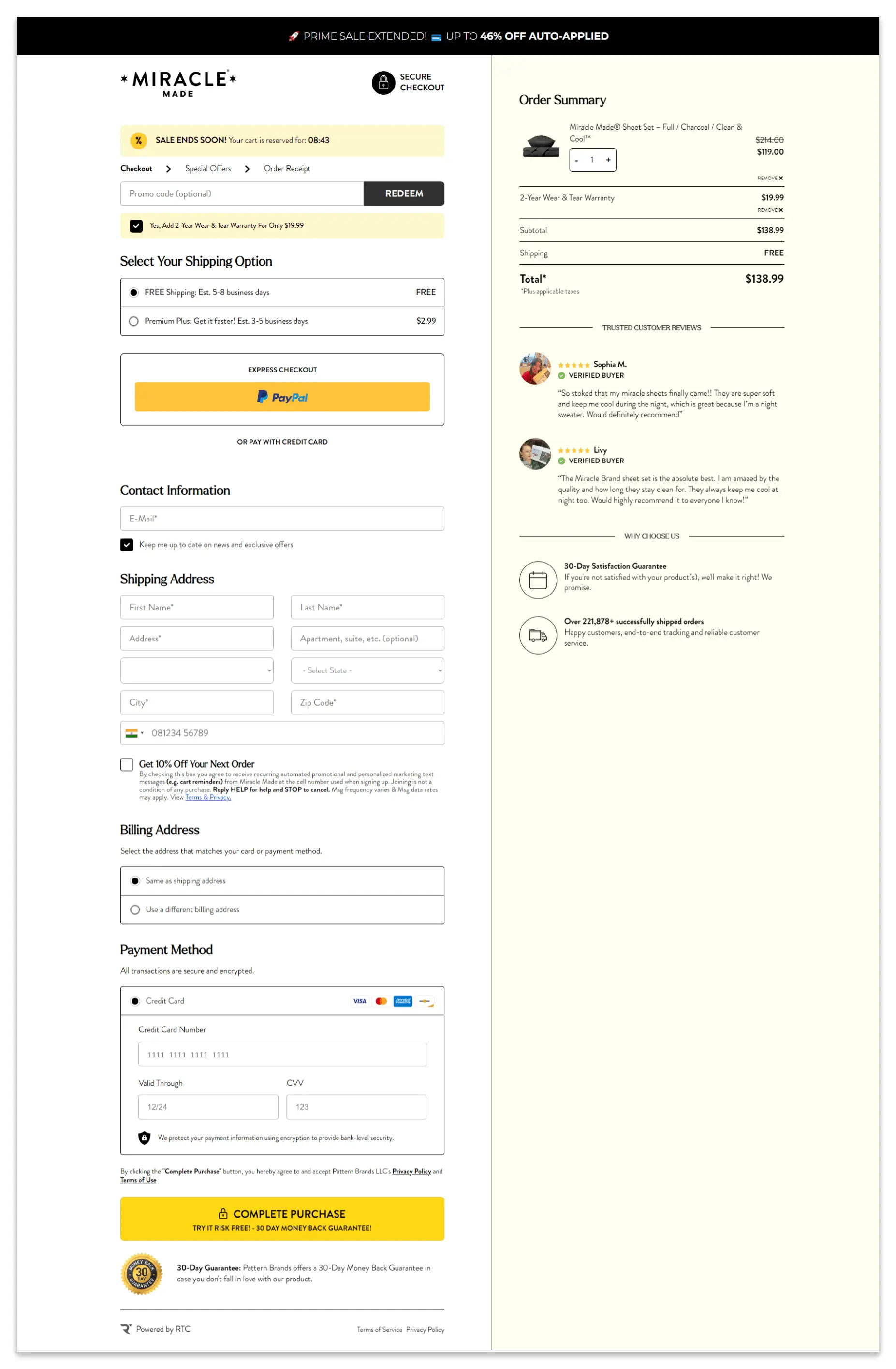 Miracle Sheets checkout page